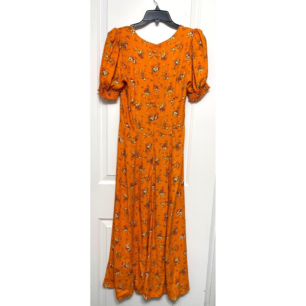 Reformation Lacey Dress Orange Ditsy Floral Puff Sleeve Midi Slit Size 6 - Picture 6 of 13